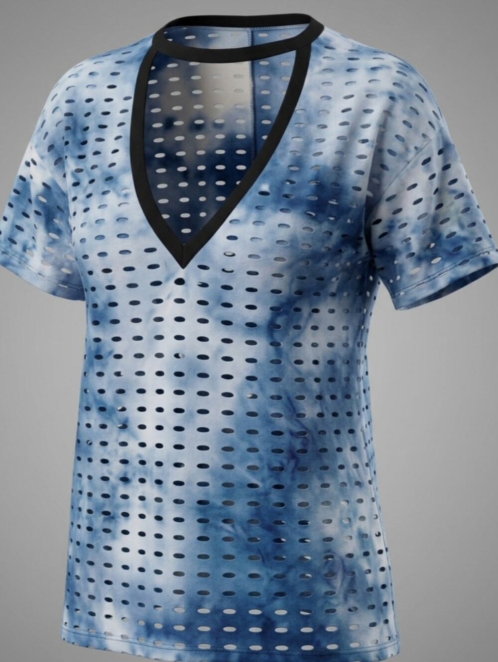 Fashion Nova Blue Tie-Dye Distressed V-Neck Top with Black Trim